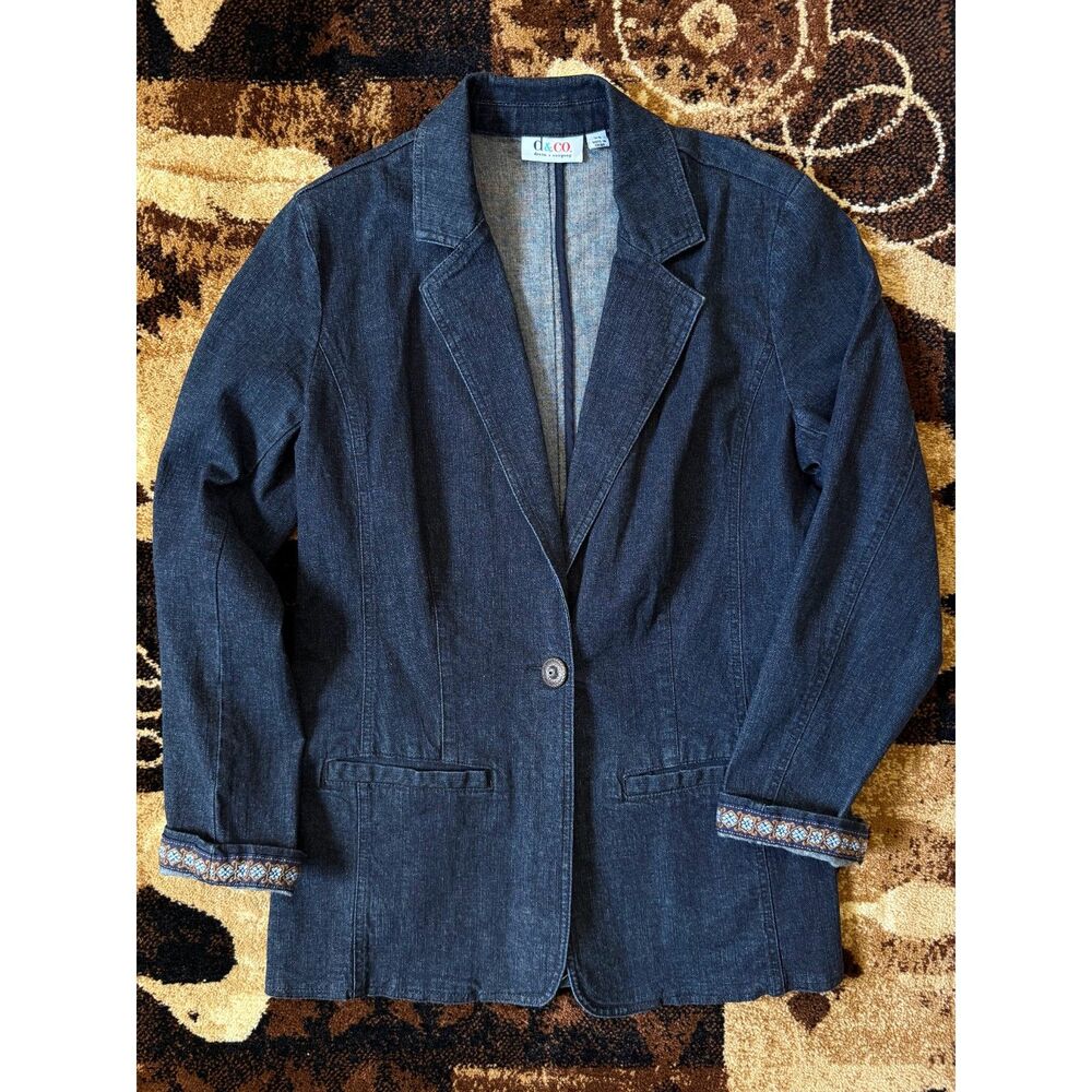 D&Co Denim Blazer Jacket Women's Single Button Embroidered Cuffs Western